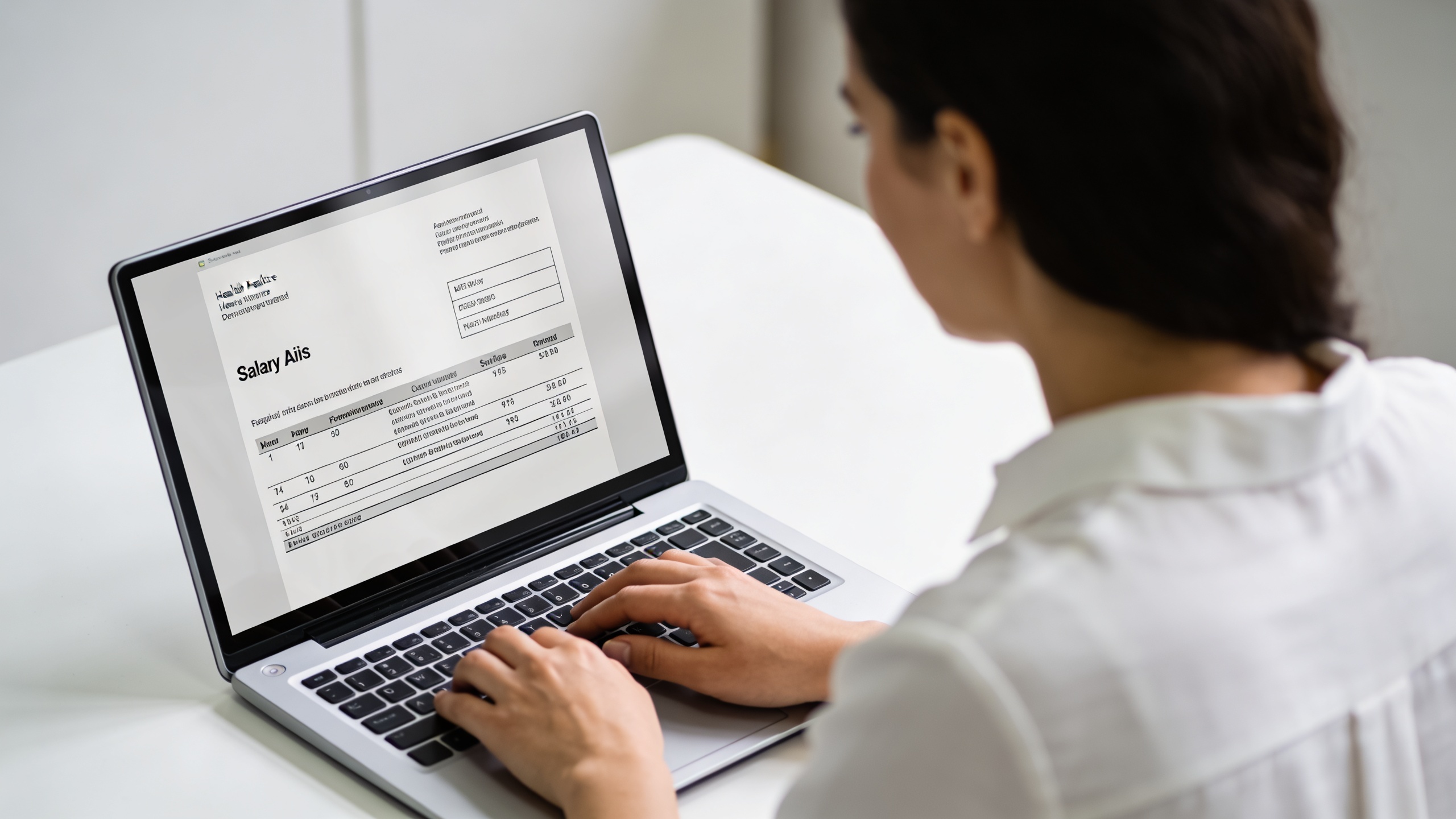 aide soignante en blouse consulte une grille de salaires sur ordinateur