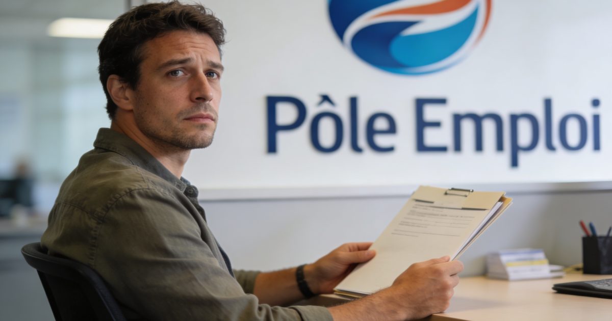chomeur assis devant bureau pole emploi dossier mains