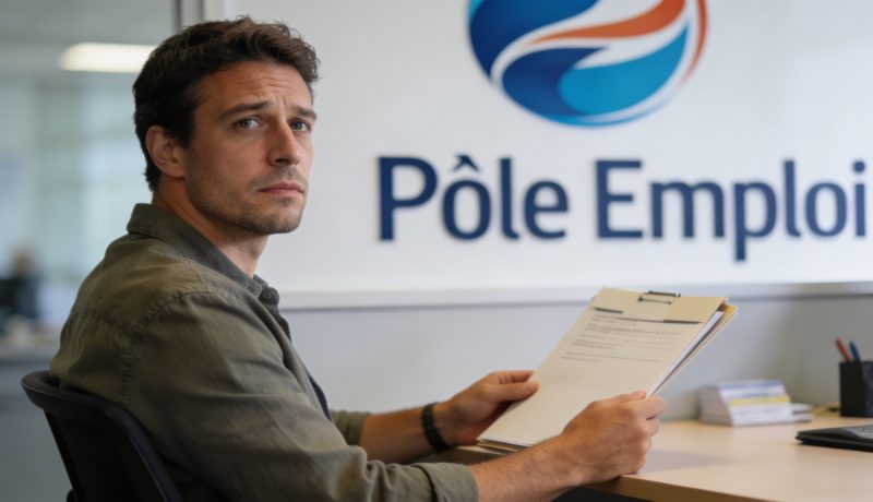 chomeur assis devant bureau pole emploi dossier mains