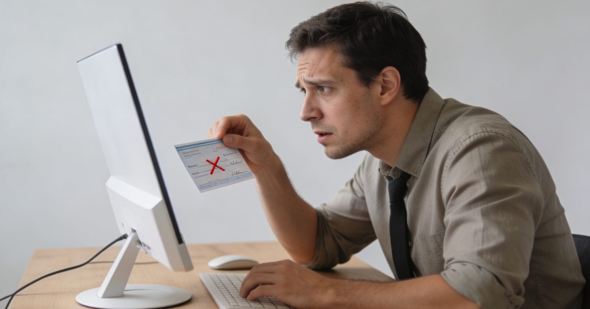 commercant inquiete examinant un cheque refuse devant ordinateur
