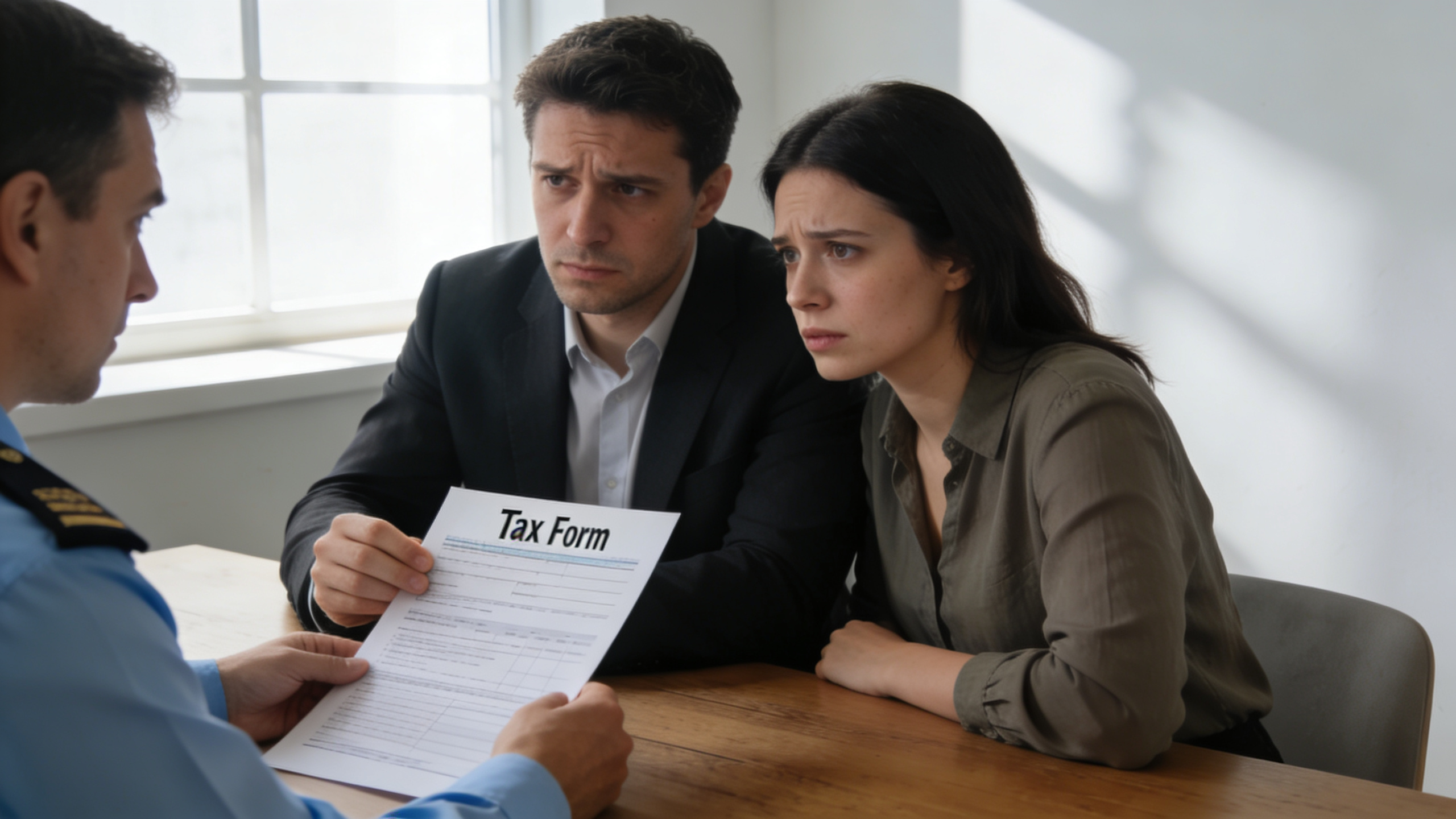 couple inquiet montre faux formulaire fiscal a inspecteur