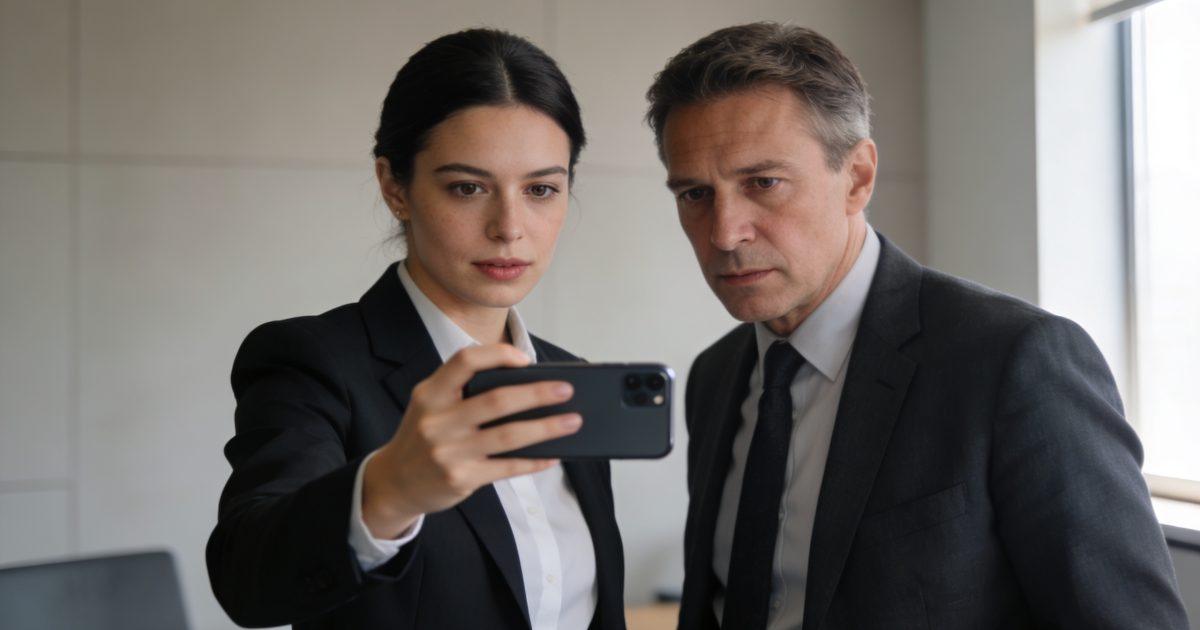 Employe presse montre son telephone devant superviseur