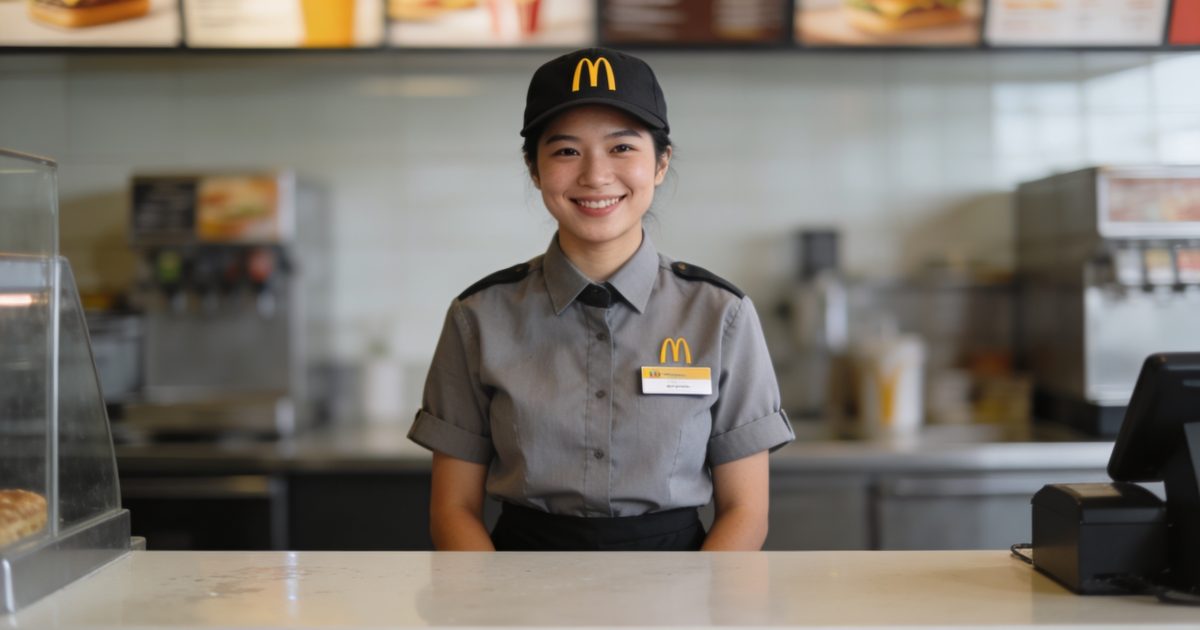 Etudiant en uniforme McDo souriant au comptoir
