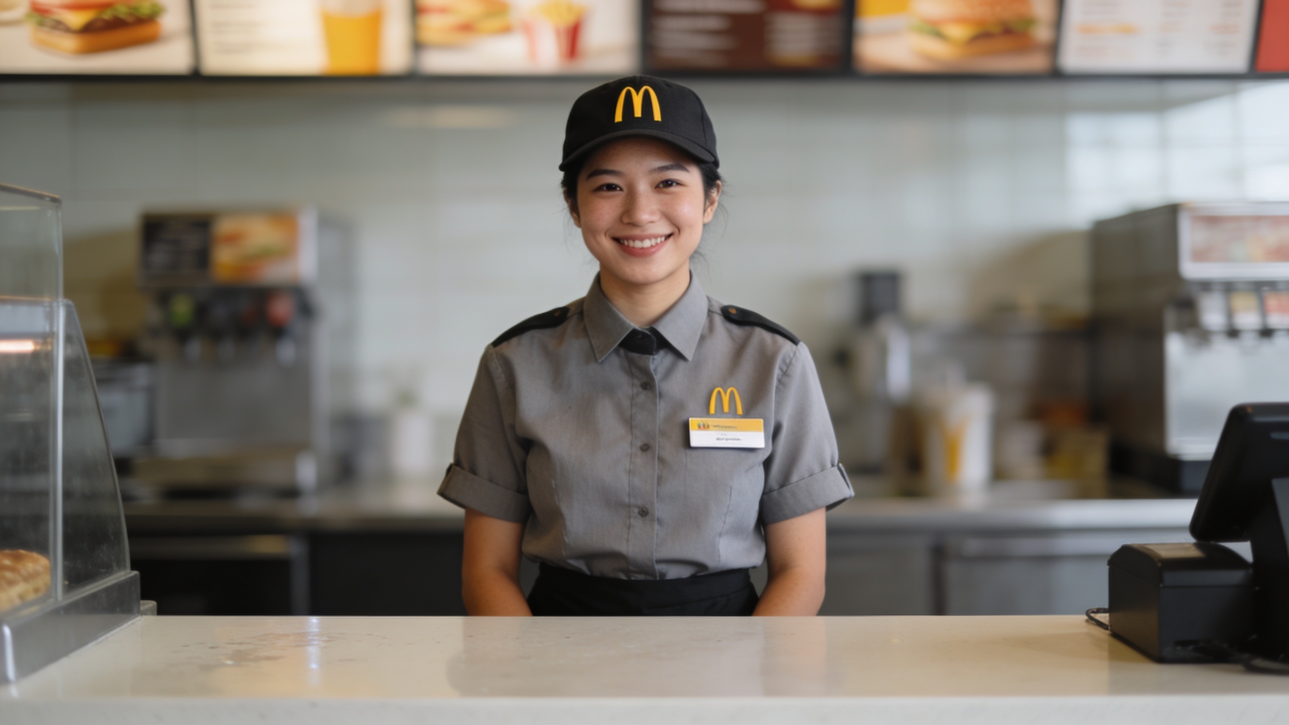 Etudiant en uniforme McDo souriant au comptoir