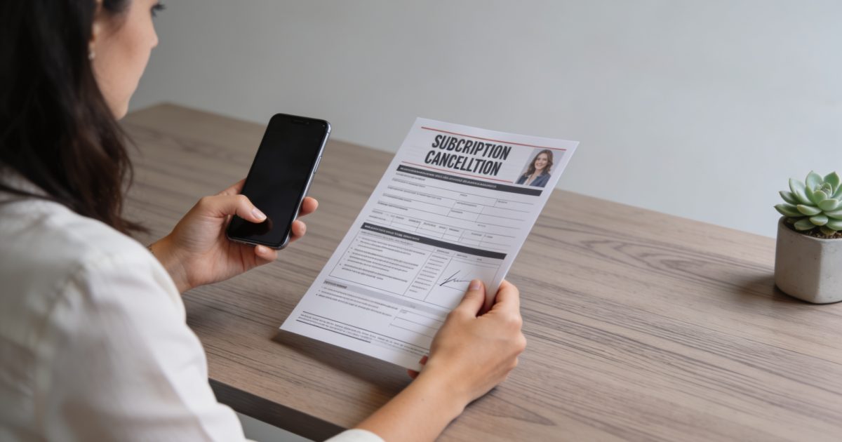 Femme assise a un bureau annulant abonnement magazine