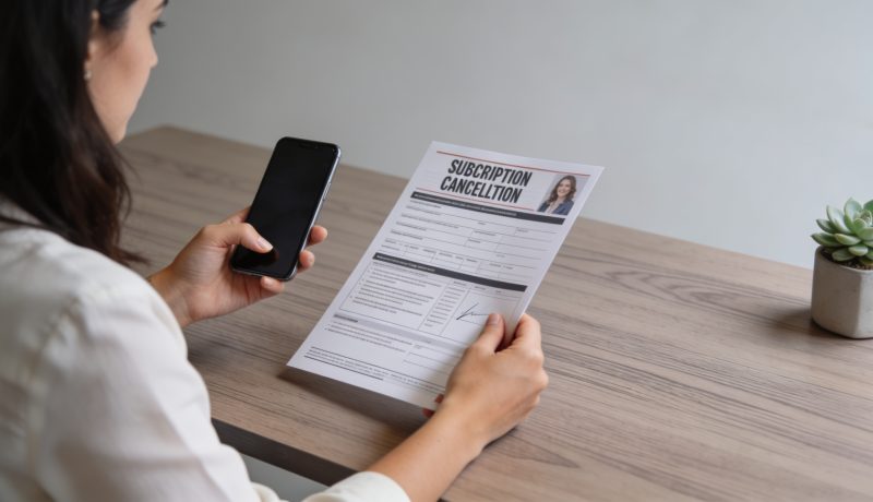 Femme assise a un bureau annulant abonnement magazine