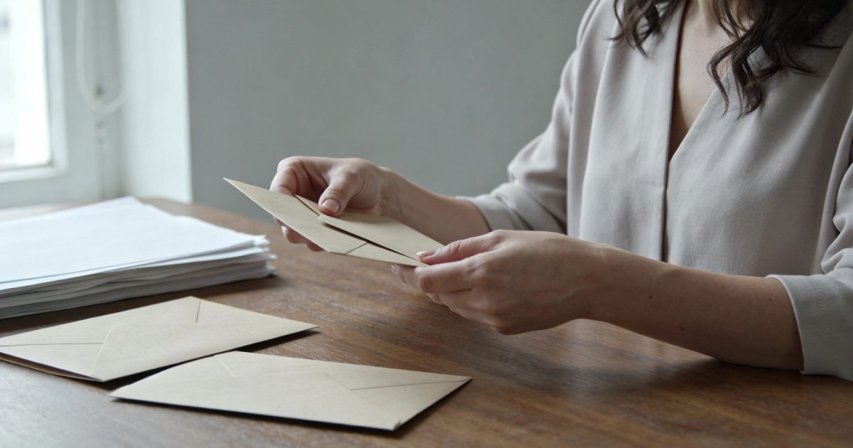 Femme assise à table emballant des enveloppes