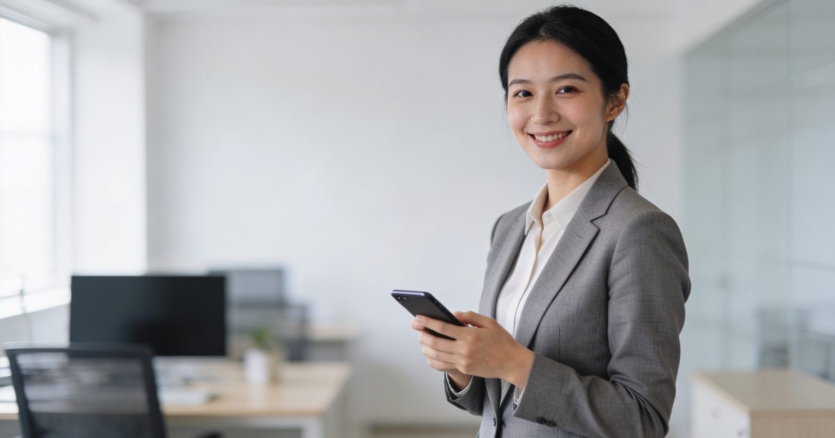 femme de bureau souriante tenant un telephone portable