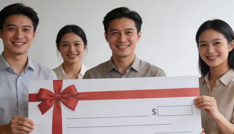 Gros chèque cadeau tenu par plusieurs collègues souriants