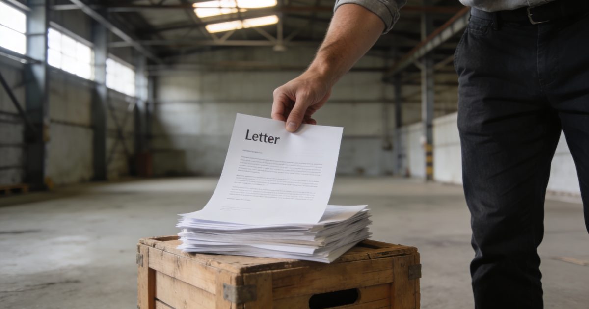 Homme debout en entrepot saisissant lettre de motivation