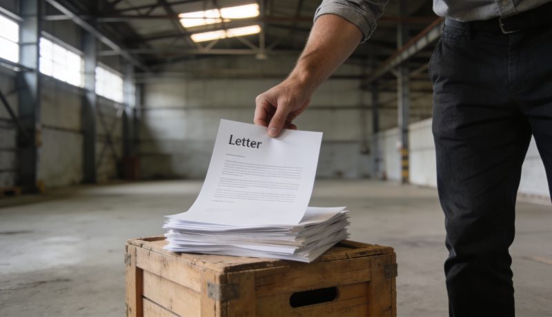 Homme debout en entrepot saisissant lettre de motivation