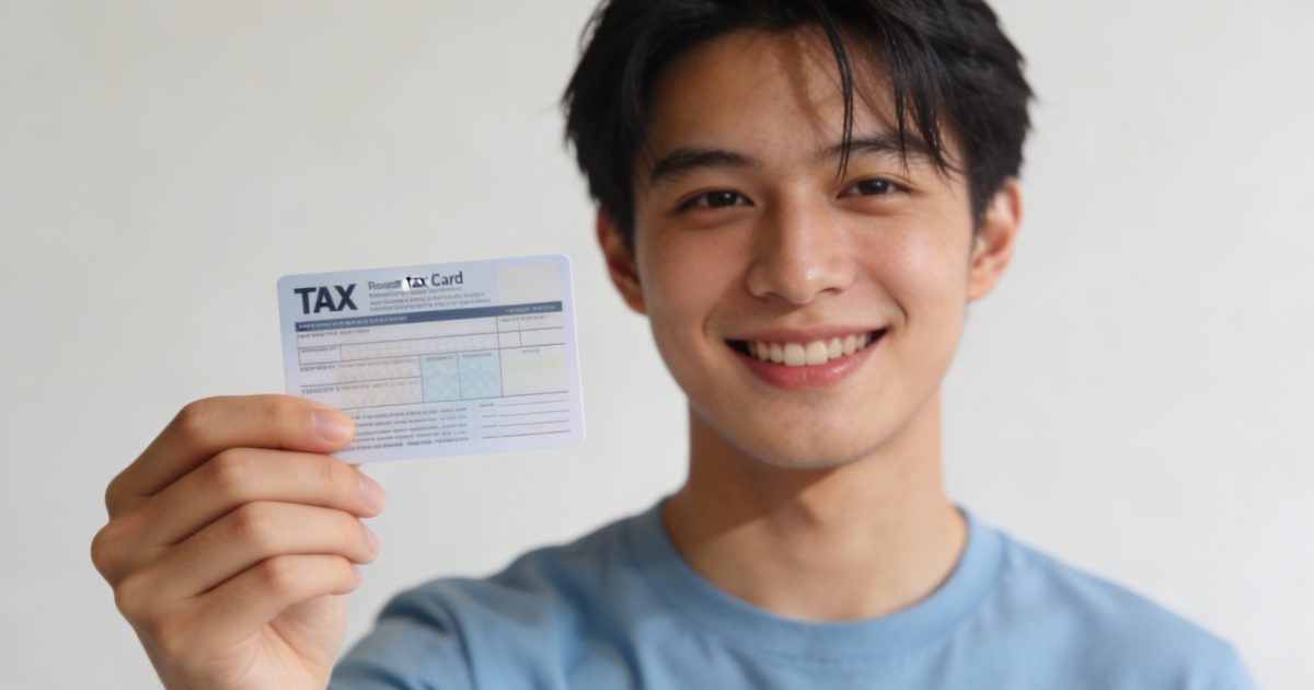 jeune adulte souriant montre sa carte fiscale