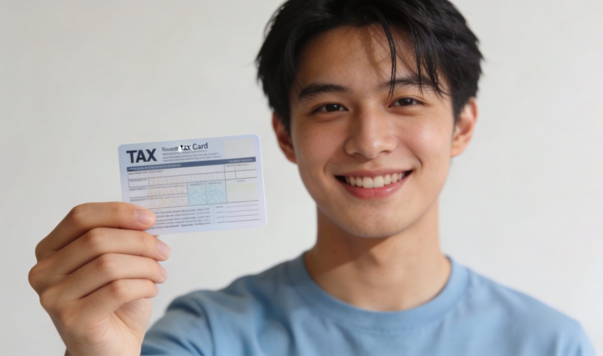 jeune adulte souriant montre sa carte fiscale