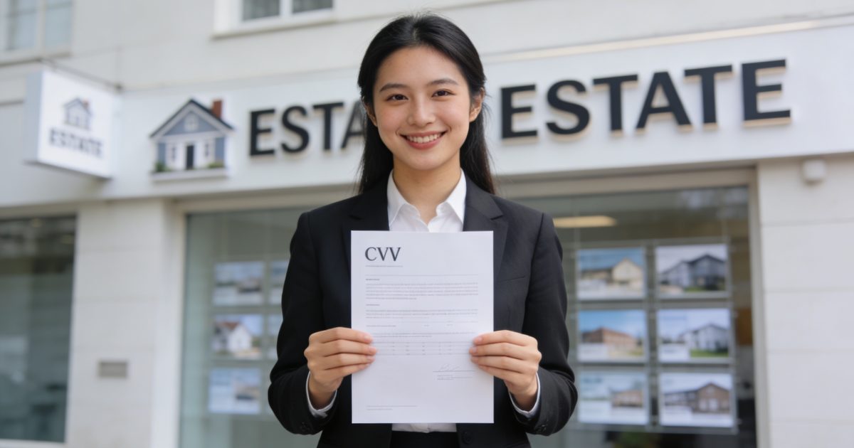 Jeune agent immobilier souriant tenant un CV devant agence