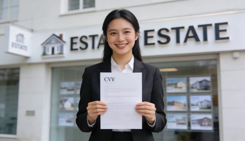 Jeune agent immobilier souriant tenant un CV devant agence