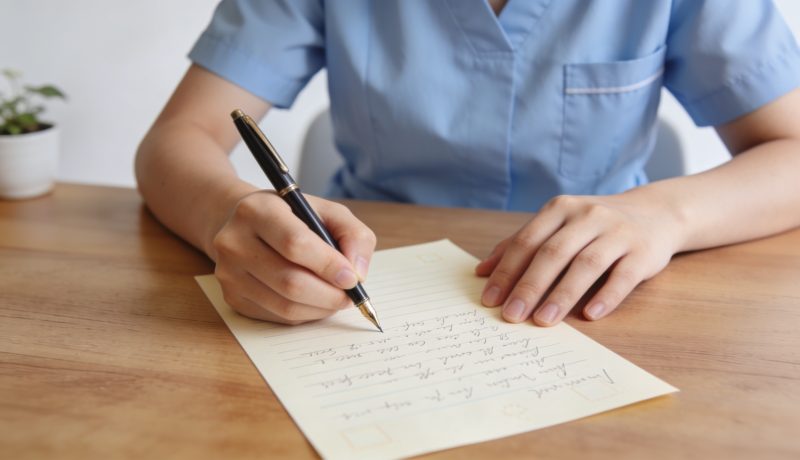 Jeune auxiliaire de puericulture assise ecrivant lettre manuscrite