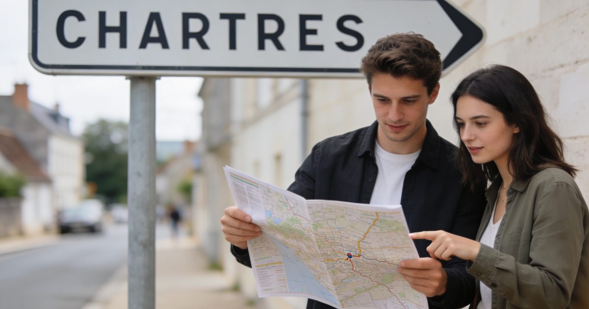 Jeune couple consultant une carte devant panneau Chartres
