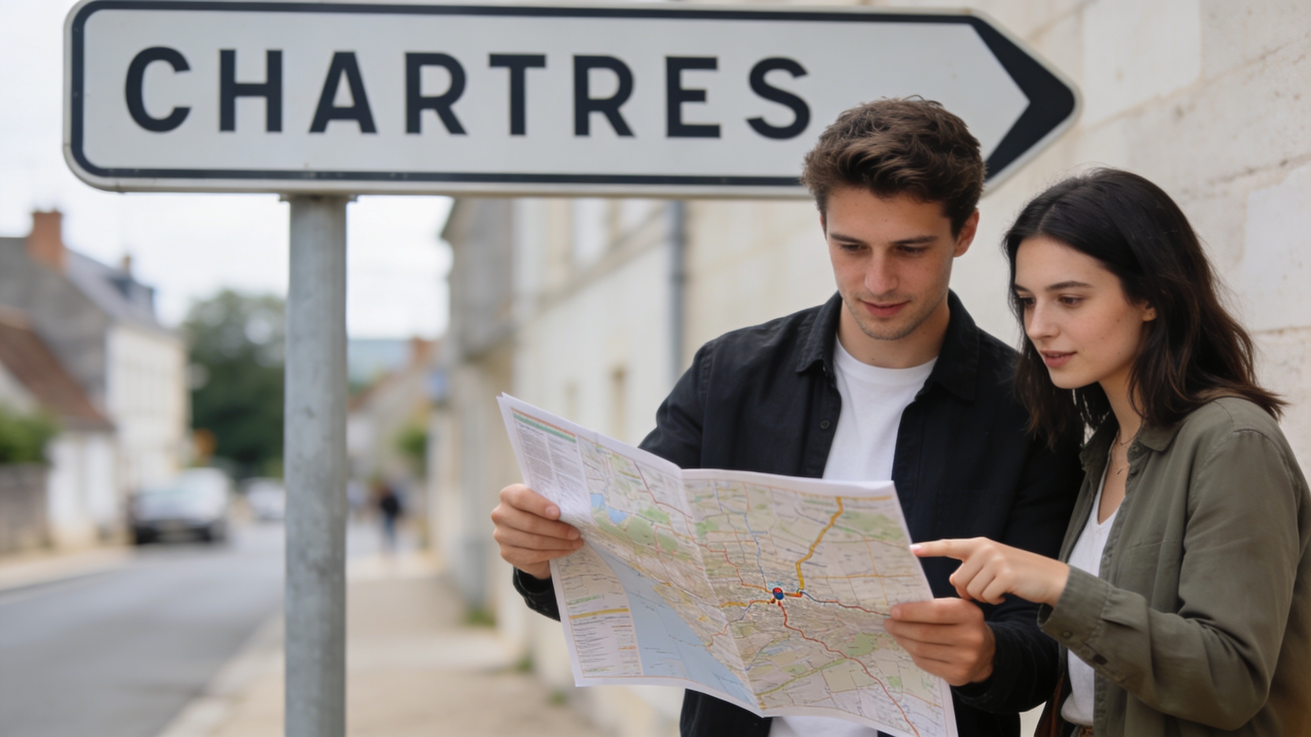 Jeune couple consultant une carte devant panneau Chartres