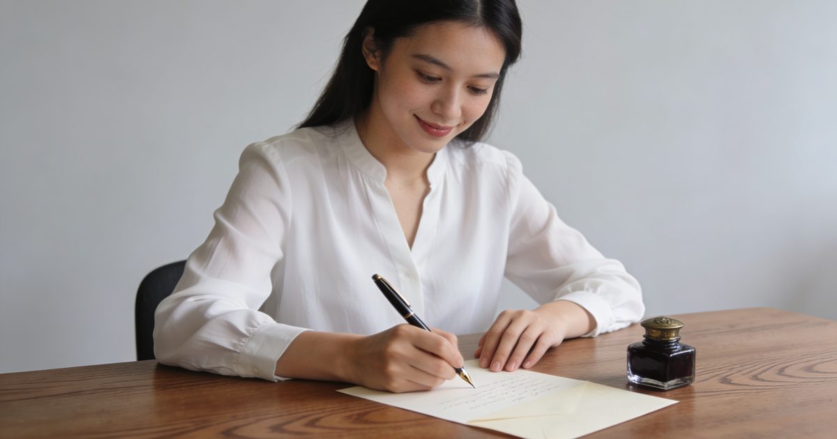 Jeune femme en blouse blanche ecrivant une lettre sur un bureau