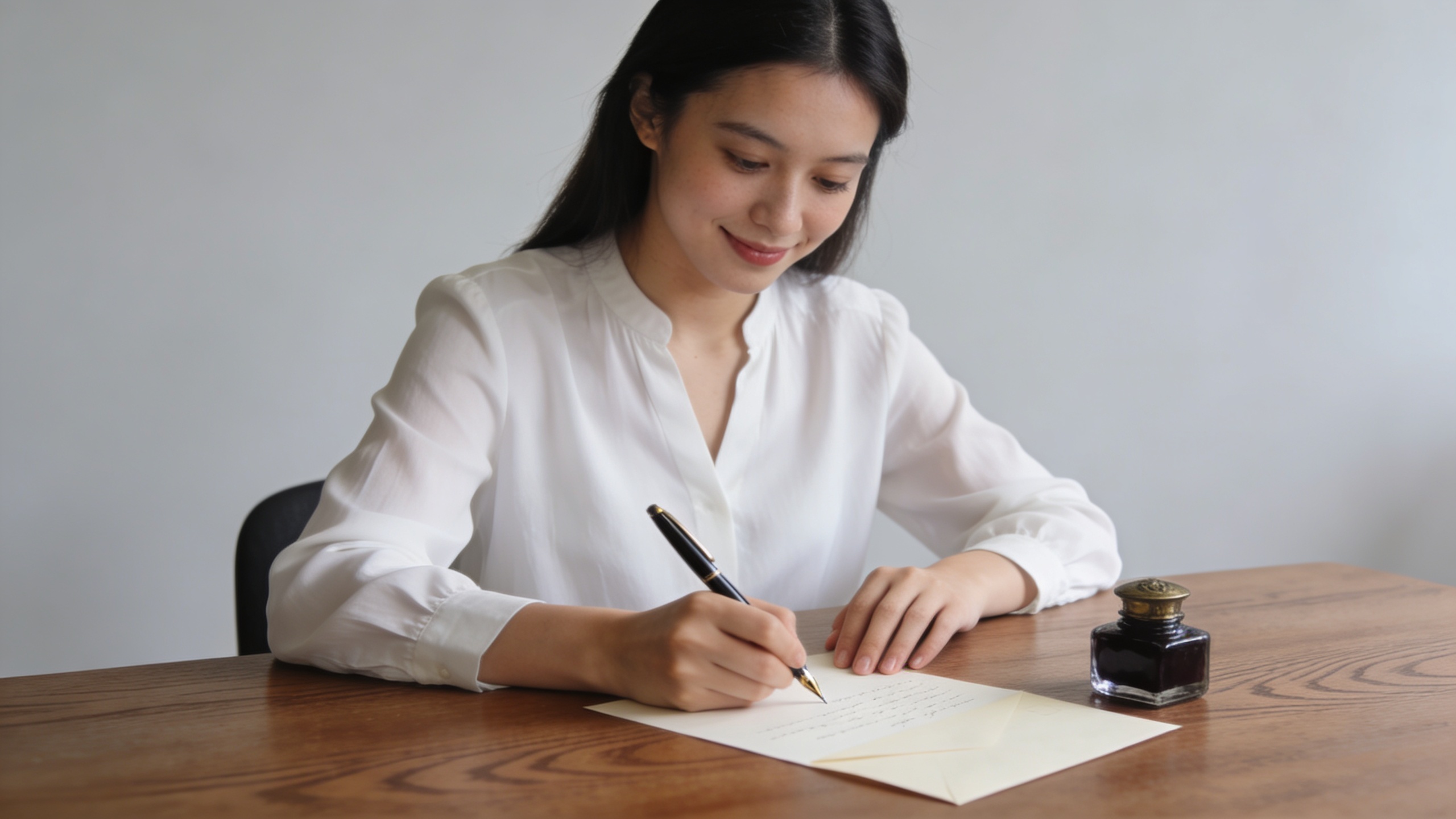 Jeune femme en blouse blanche ecrivant une lettre sur un bureau
