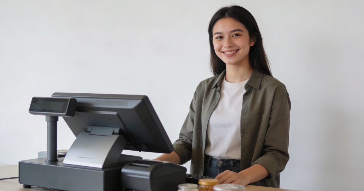 Jeune femme souriante debout a une caisse enregistreuse