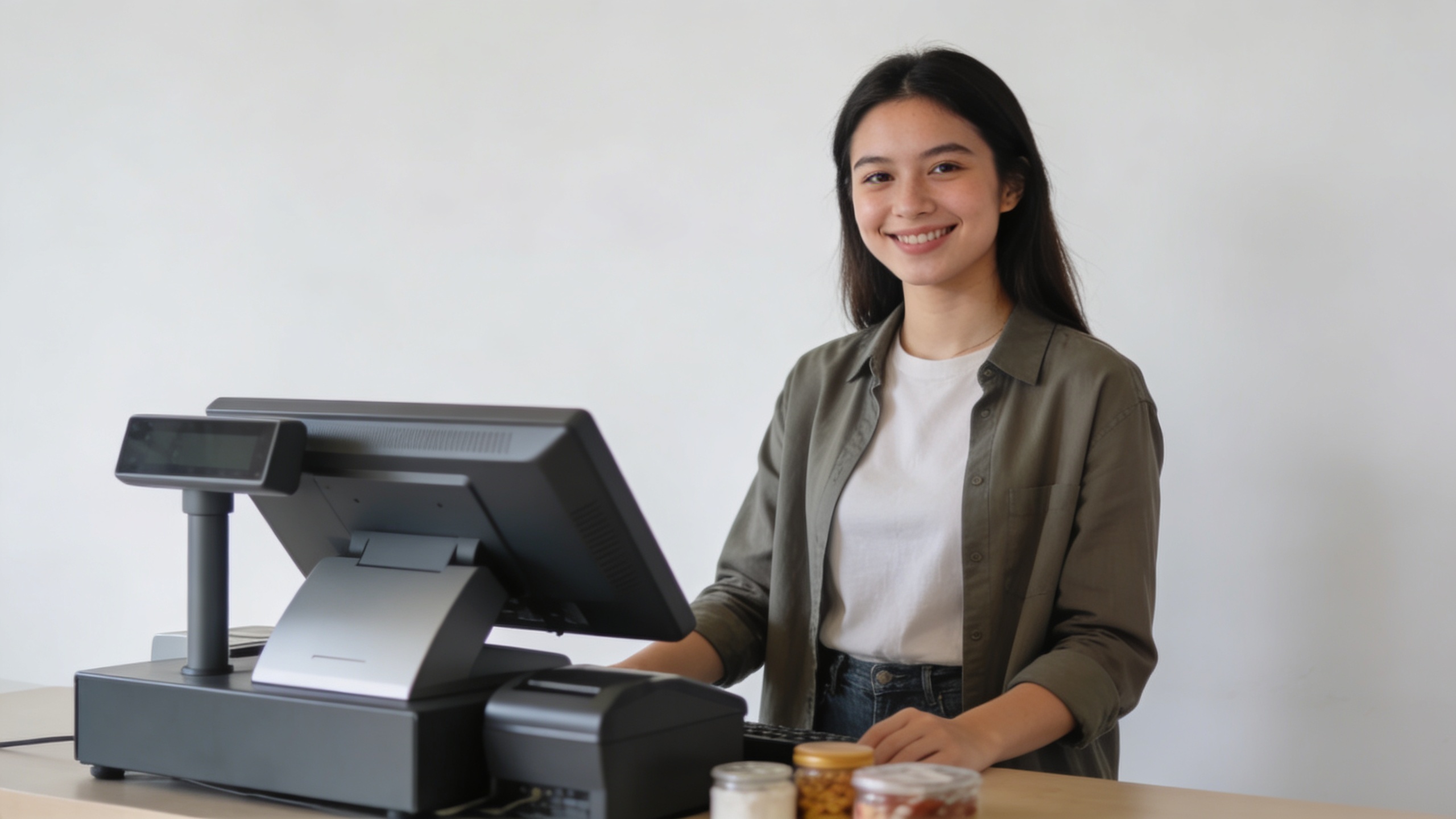 Jeune femme souriante debout a une caisse enregistreuse