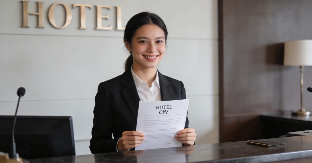 Jeune femme souriante derriere comptoir dhotel avec CV