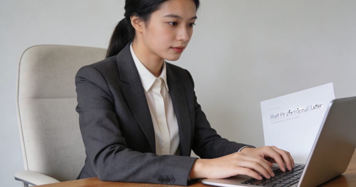 Jeune femme assise tapant une courte lettre professionnelle