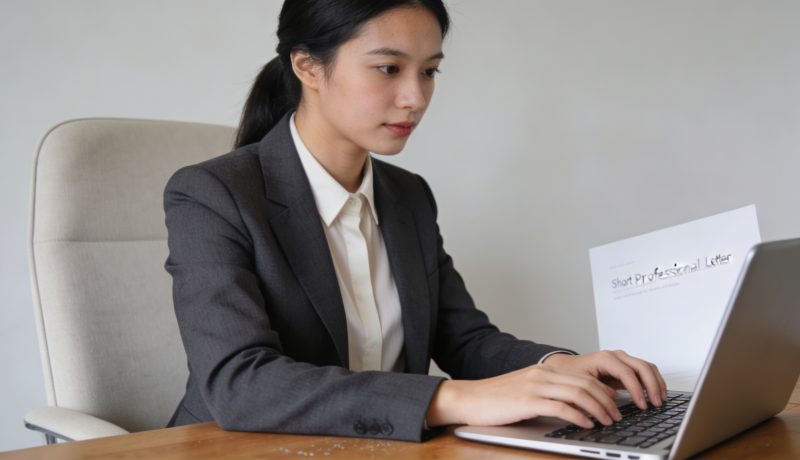 Jeune femme assise tapant une courte lettre professionnelle