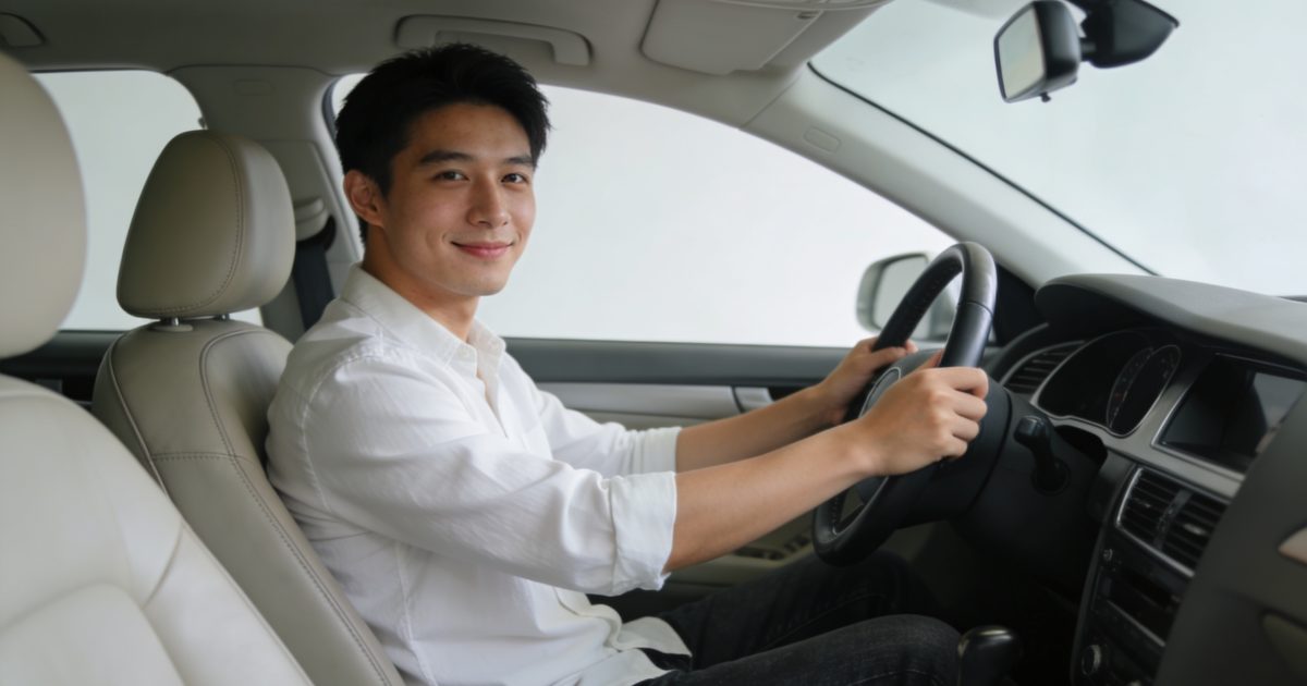 jeune homme souriant tient un volant dans voiture