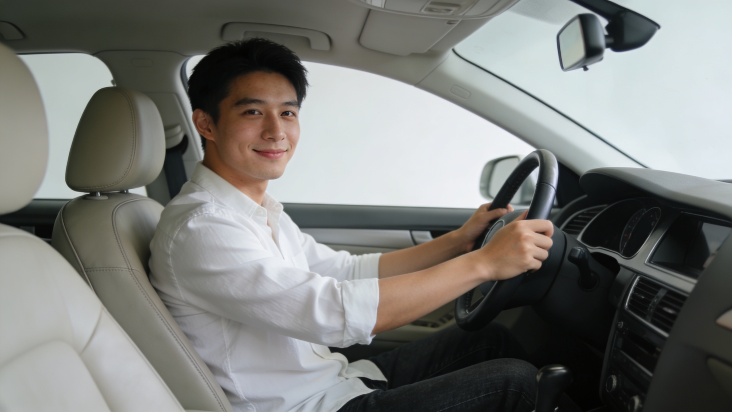 jeune homme souriant tient un volant dans voiture