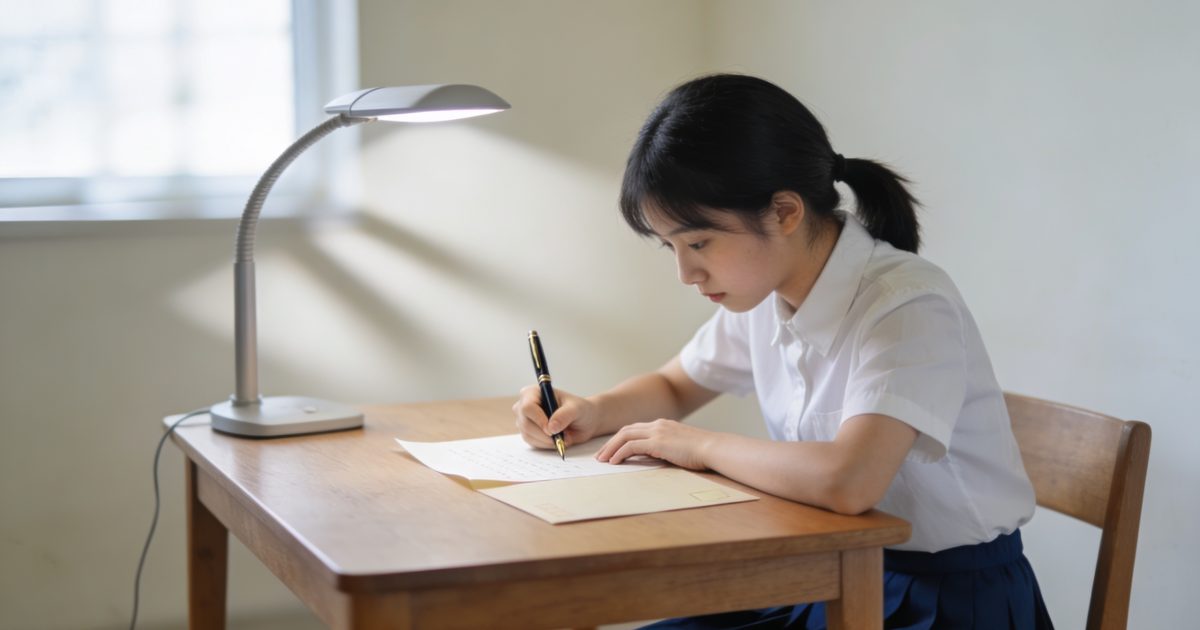 lyceenne assise a un bureau ecrivant une lettre