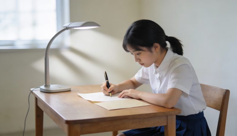 lyceenne assise a un bureau ecrivant une lettre