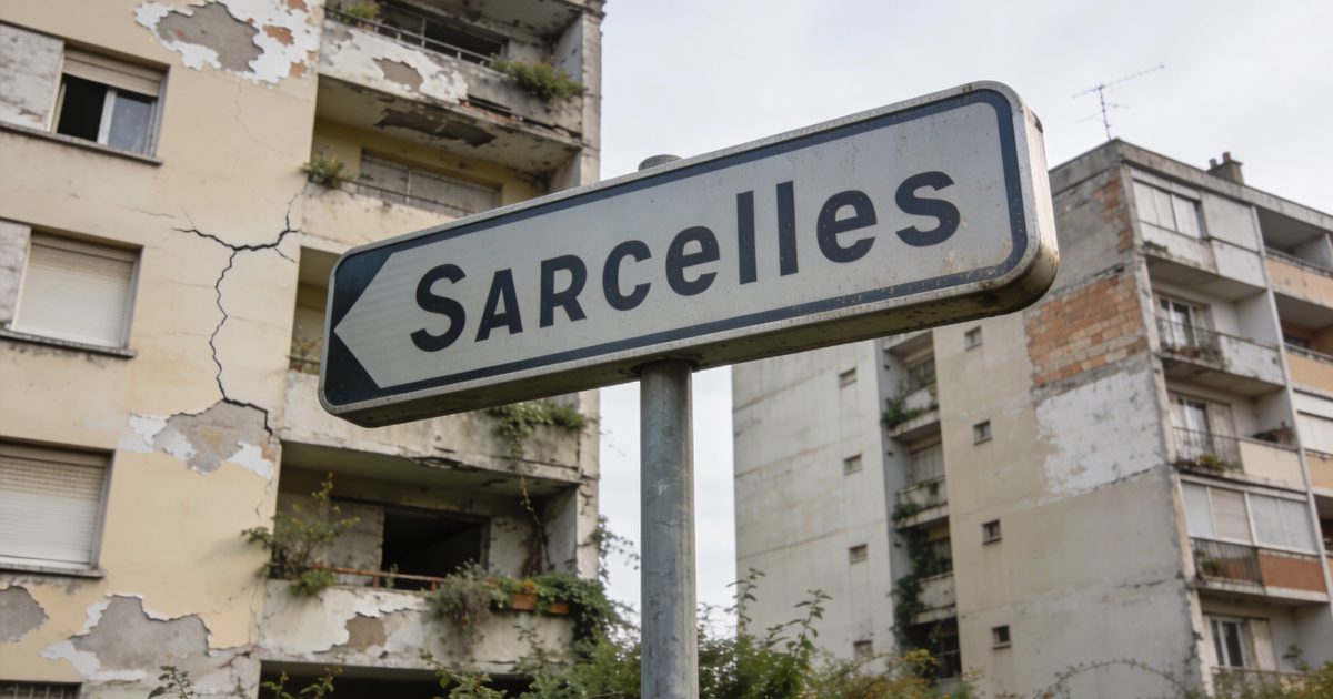 Panneau de rue a Sarcelles devant immeubles delabres
