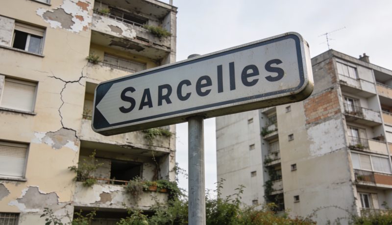 Panneau de rue a Sarcelles devant immeubles delabres