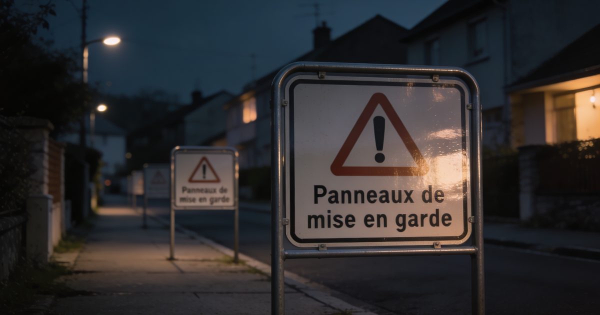 Panneaux de mise en garde dans rue residentielle sombre