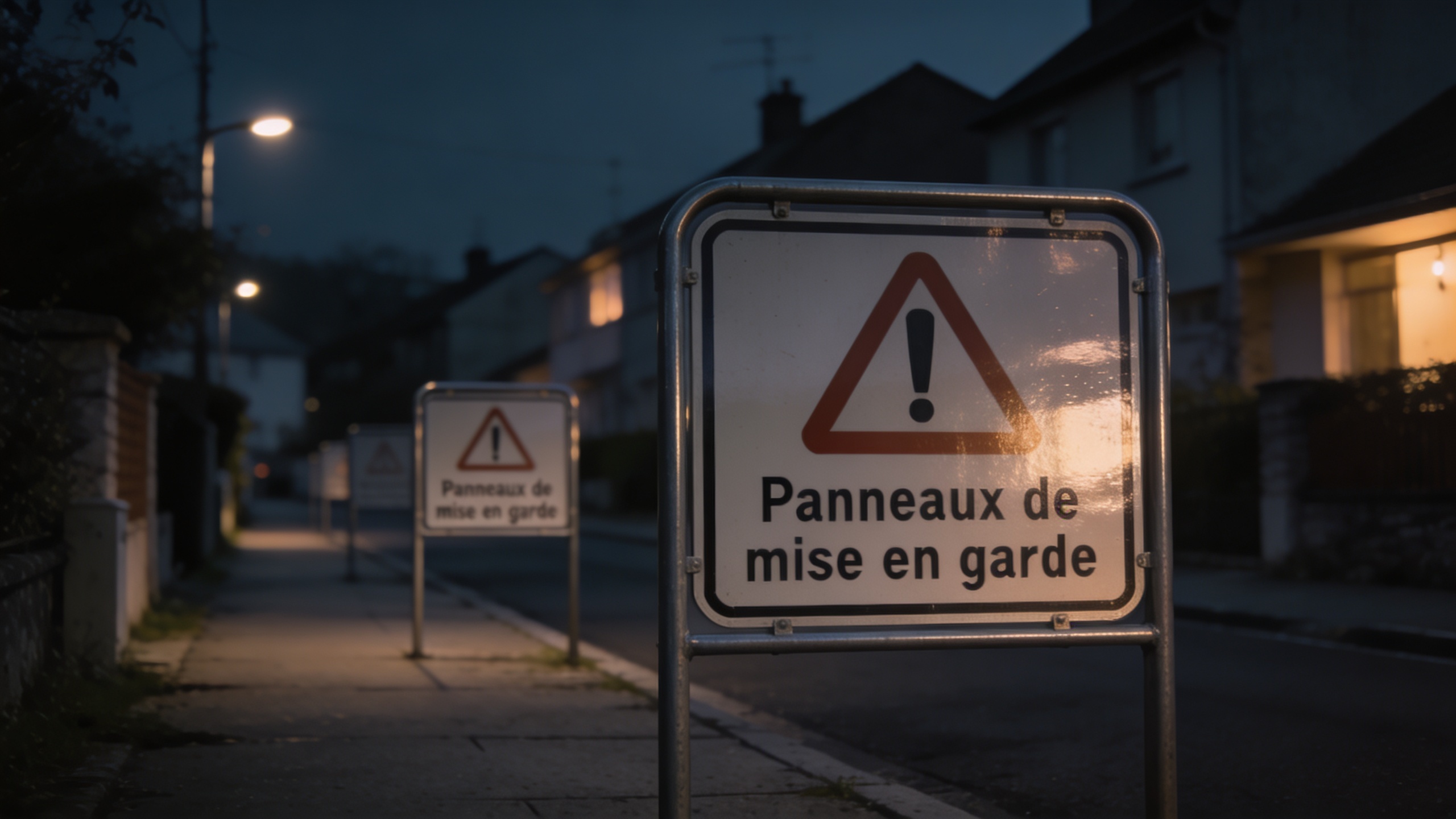 Panneaux de mise en garde dans rue residentielle sombre