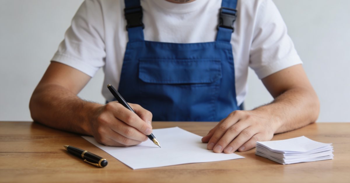 Plombier en bleu de travail ecrivant une lettre