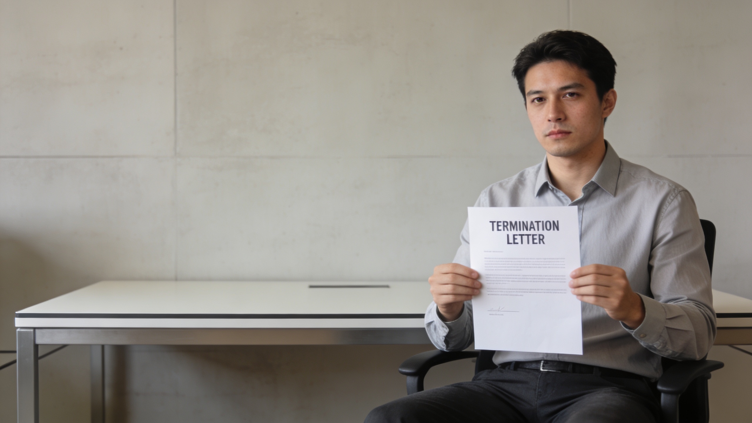 salarié assis devant bureau vide tenant lettre licenciement