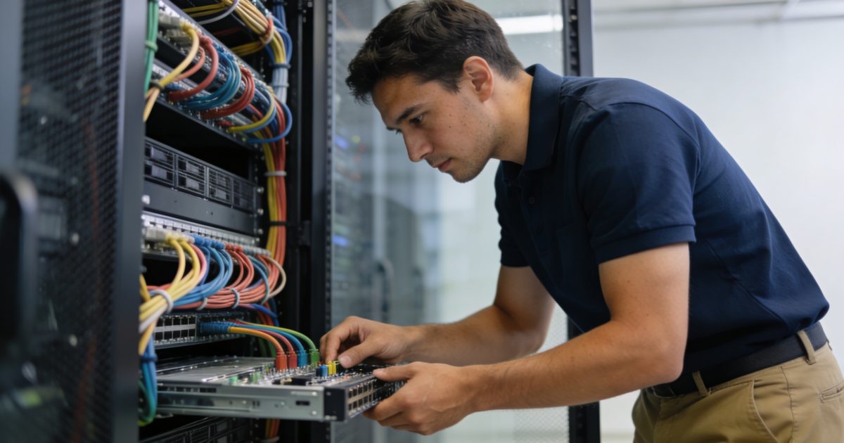 Technicien informatique ajuste serveur dans salle de cables