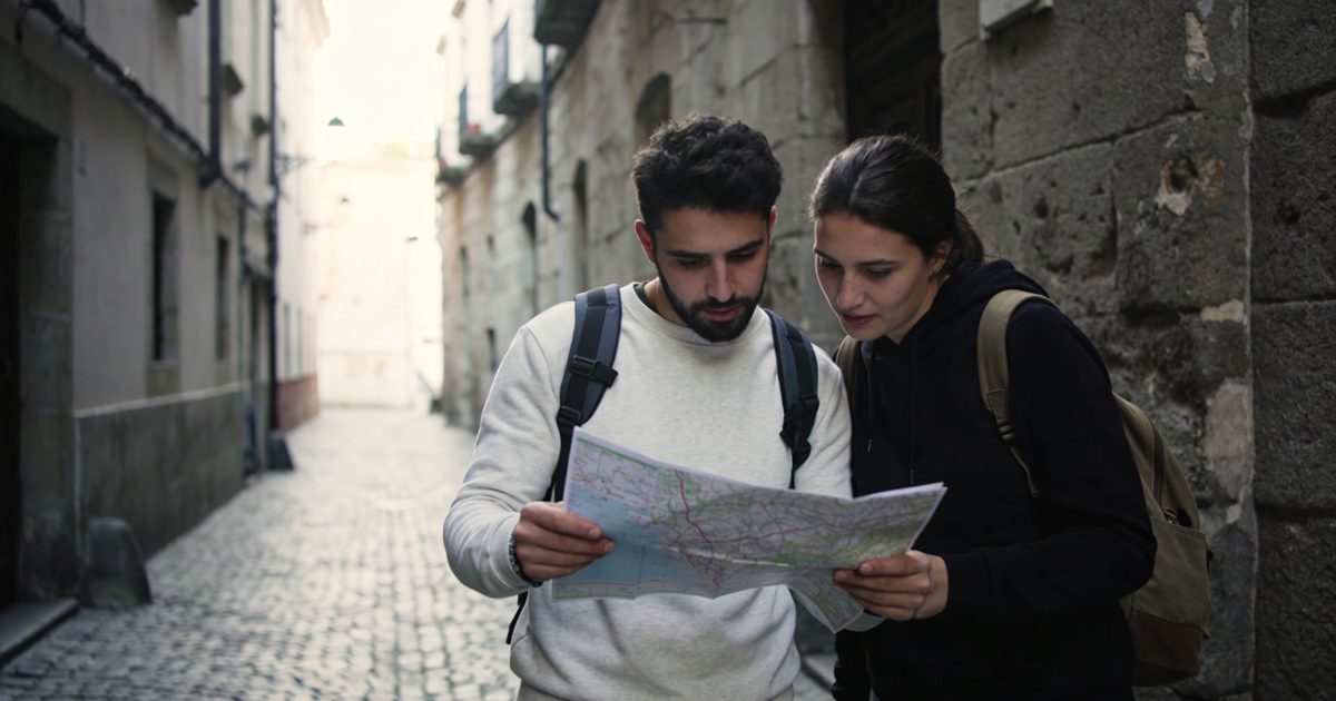 Touristes consultant une carte devant ruelle sombre