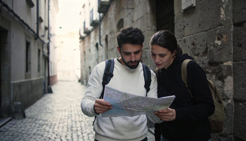 Touristes consultant une carte devant ruelle sombre