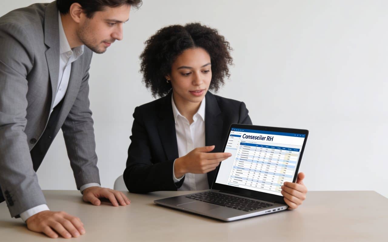 Conseiller RH montre tableau de calcul a salariée
