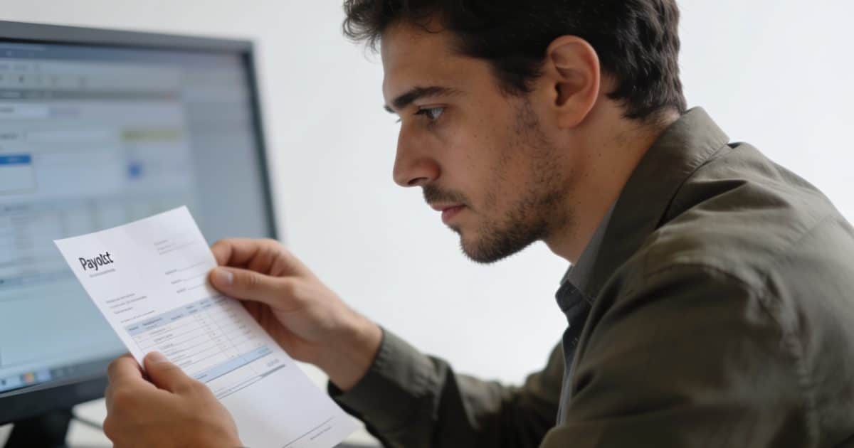 employe espagnol assis devant ordinateur examinant fiche de paie
