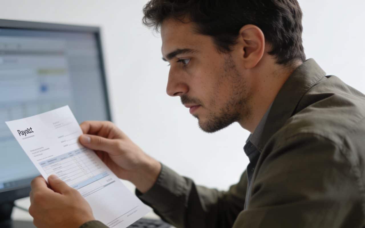 employe espagnol assis devant ordinateur examinant fiche de paie