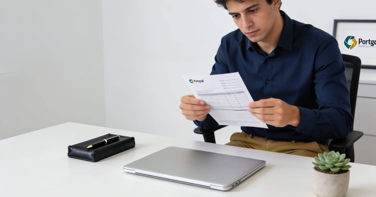 employe portugais assis bureau examinant fiche de paie