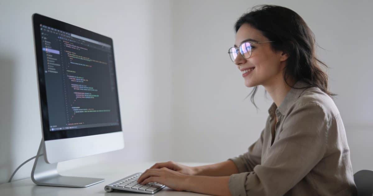Femme souriante en formation informatique devant ordinateur