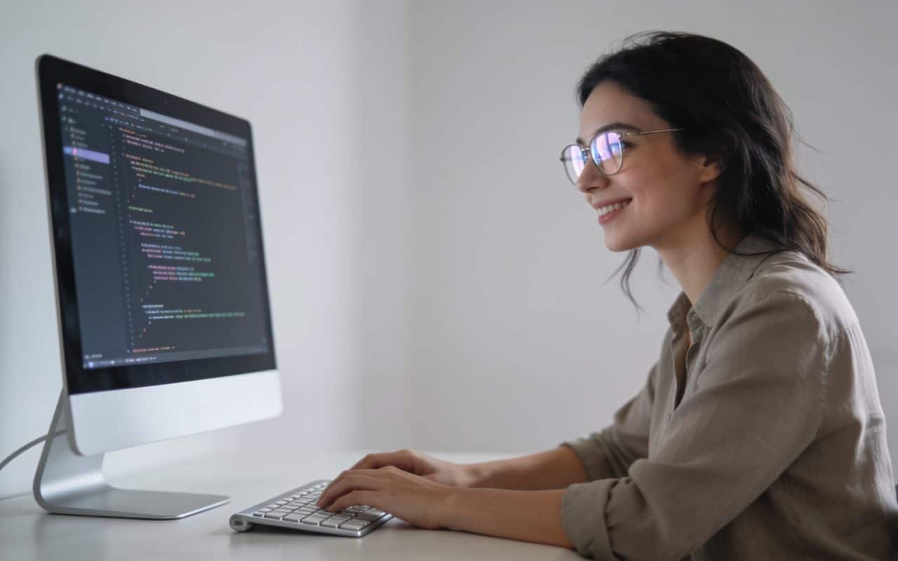 Femme souriante en formation informatique devant ordinateur