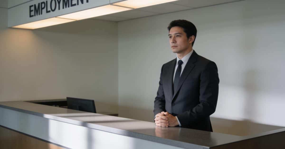 Homme en costume attend au guichet d office emploi
