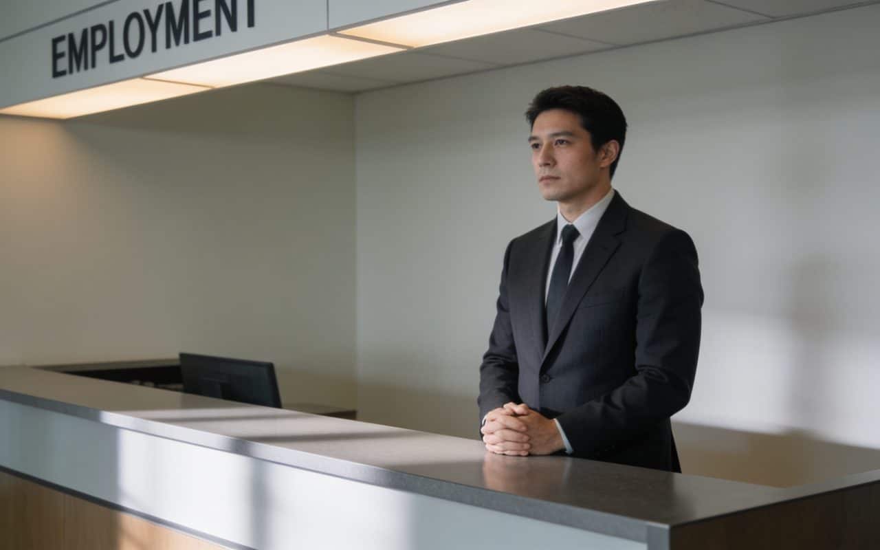 Homme en costume attend au guichet d office emploi